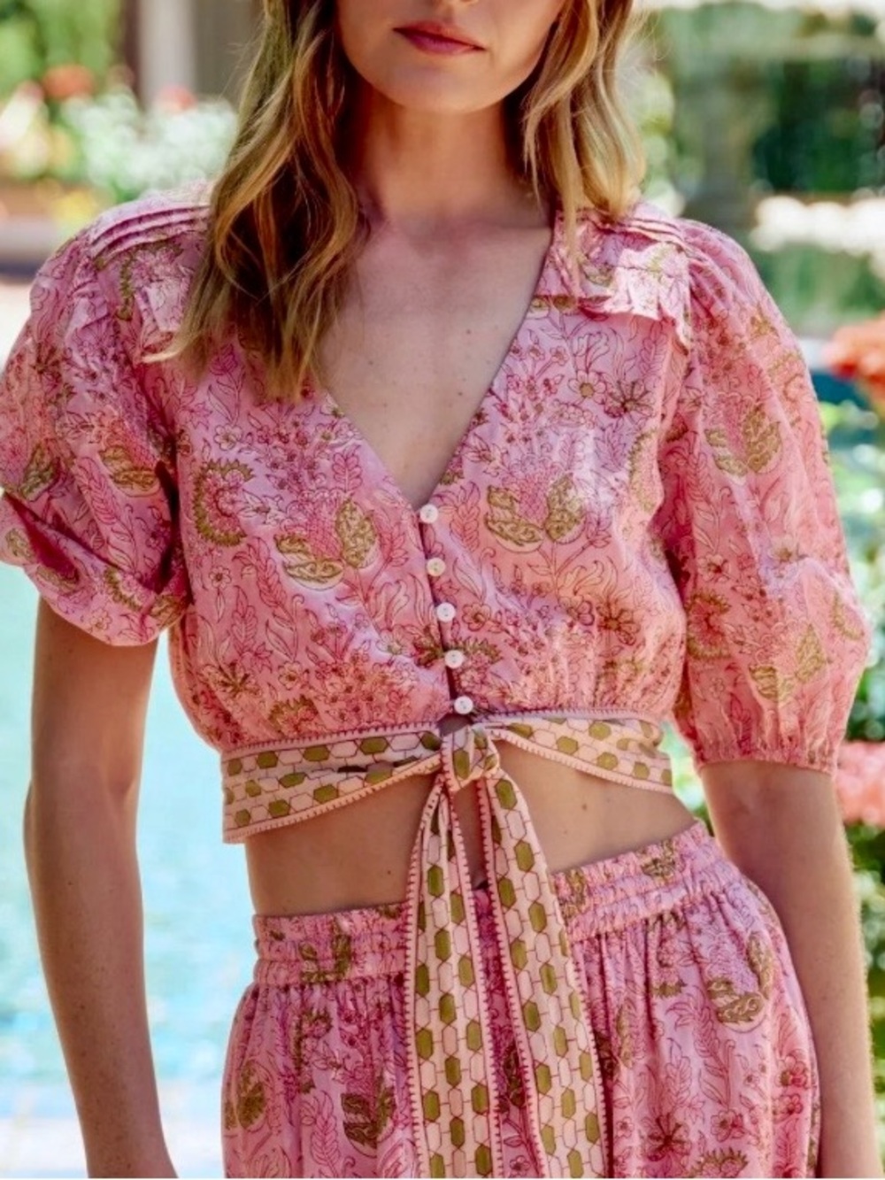 Cleobella Pink Paisley Cropped Tie-Front Top